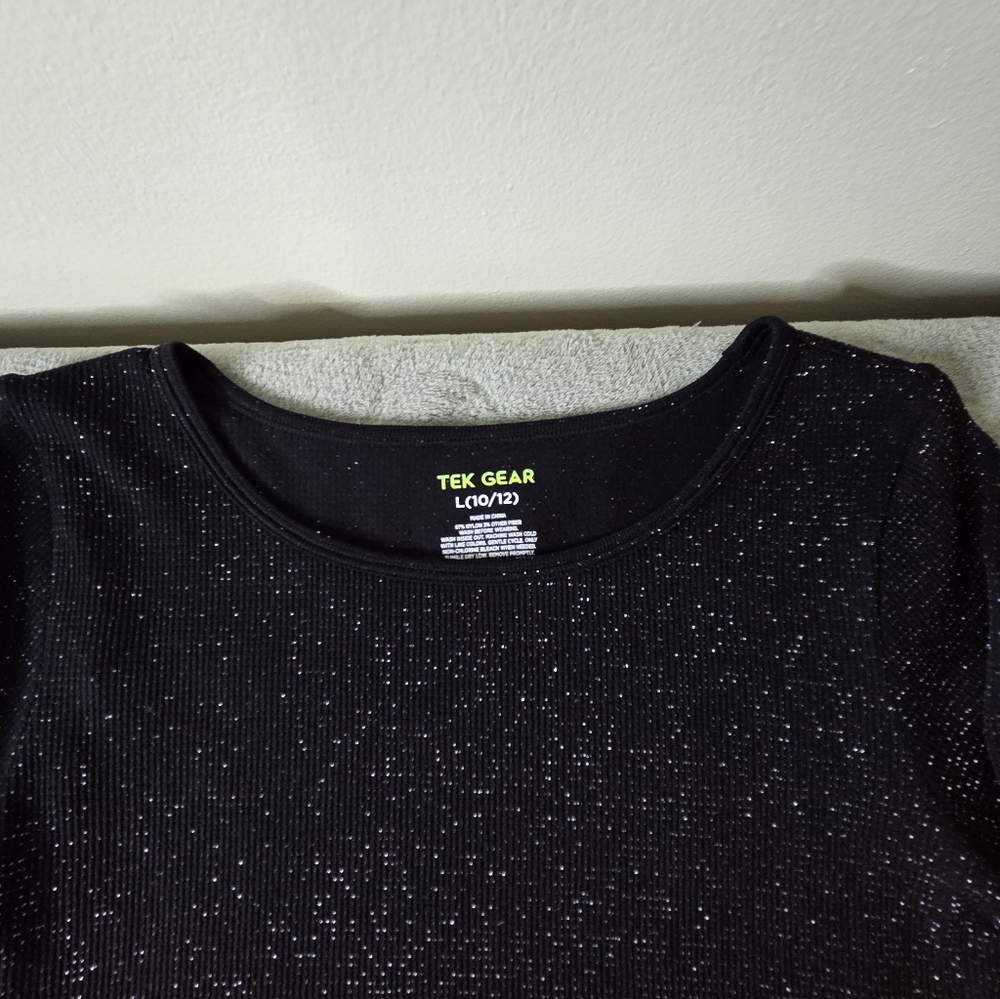 Tek Gear Girl's Sparkle Scoop Neck Long Sleeve Rib Top Black Size Large (10-12) - Picture 3 of 5